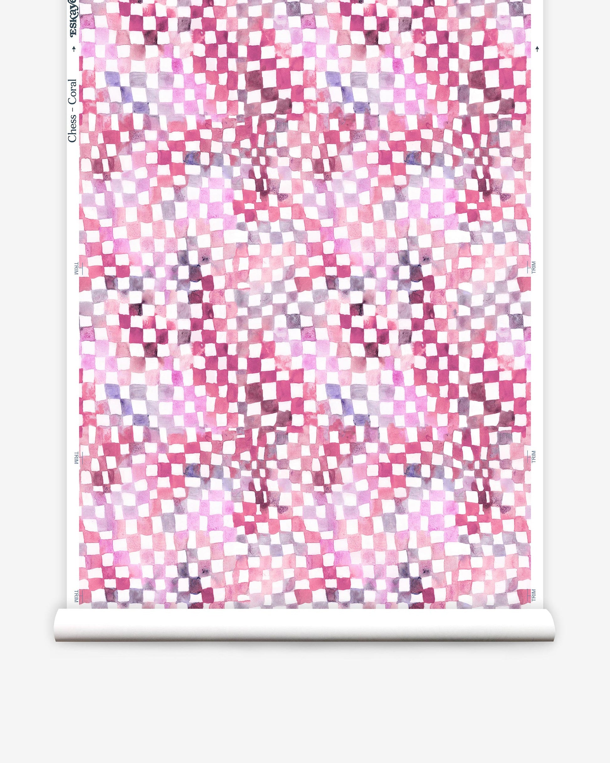 A pink and purple checkerboard pattern on a roll of Chess Wallpaper Coral