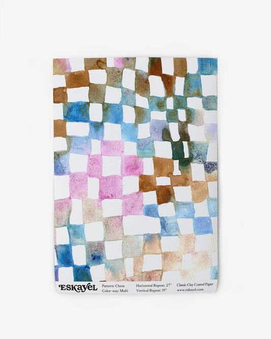 Wallpaper swatch image of Chess Multi watercolor artwork of a fluid and flowy checkerboard pattern in a multicolored hue| Eskayel