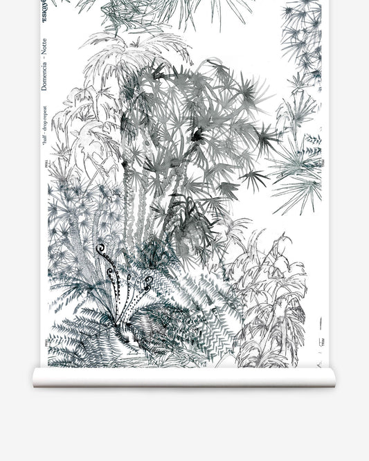 A black and white drawing of a tropical jungle for the Domenica Wallpaper Notte in the Salentu Collection