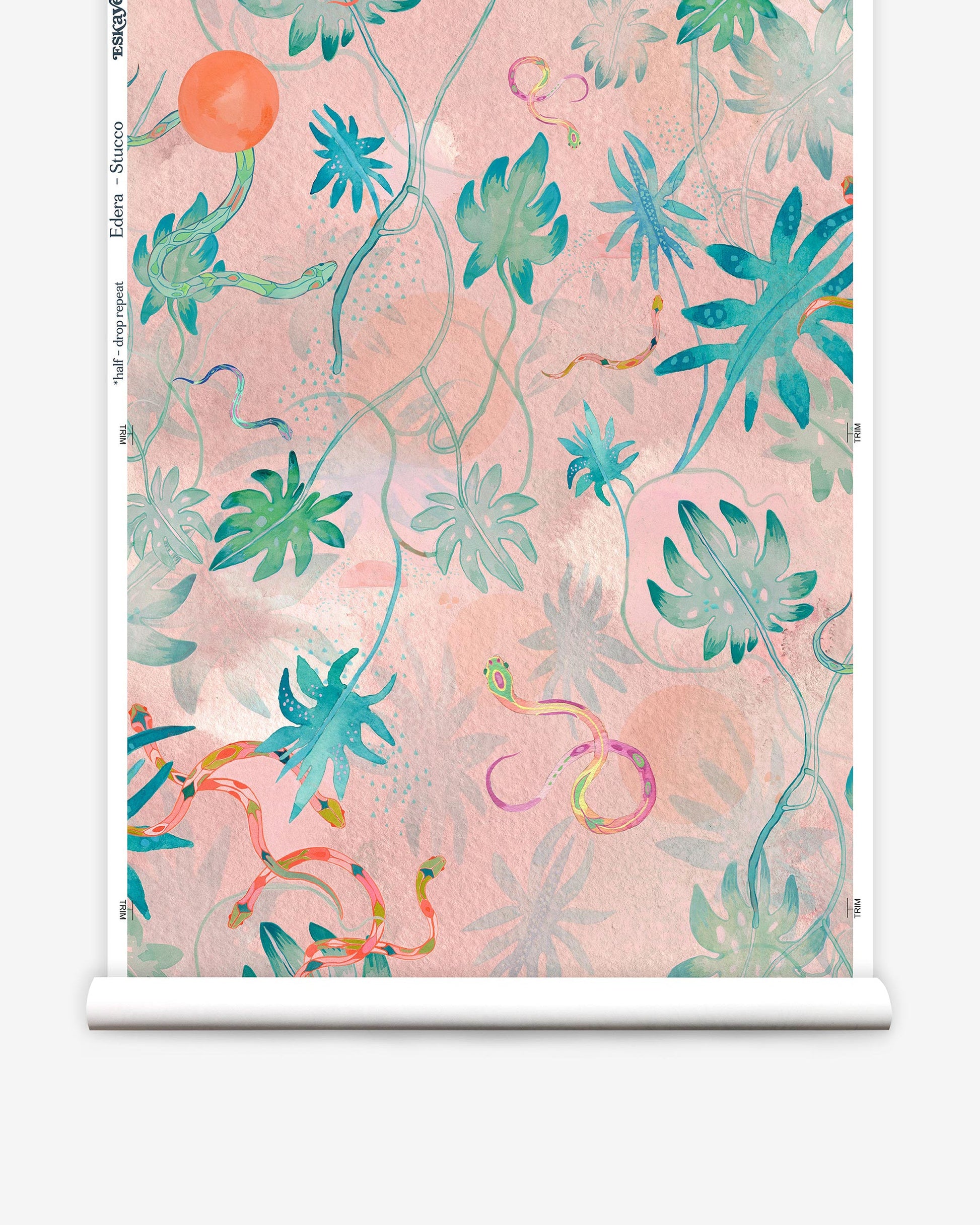 A pink Edera Wallpaper Stucco with chinoiserie-inspired motif and tropical leaves on it in the pink colorway
