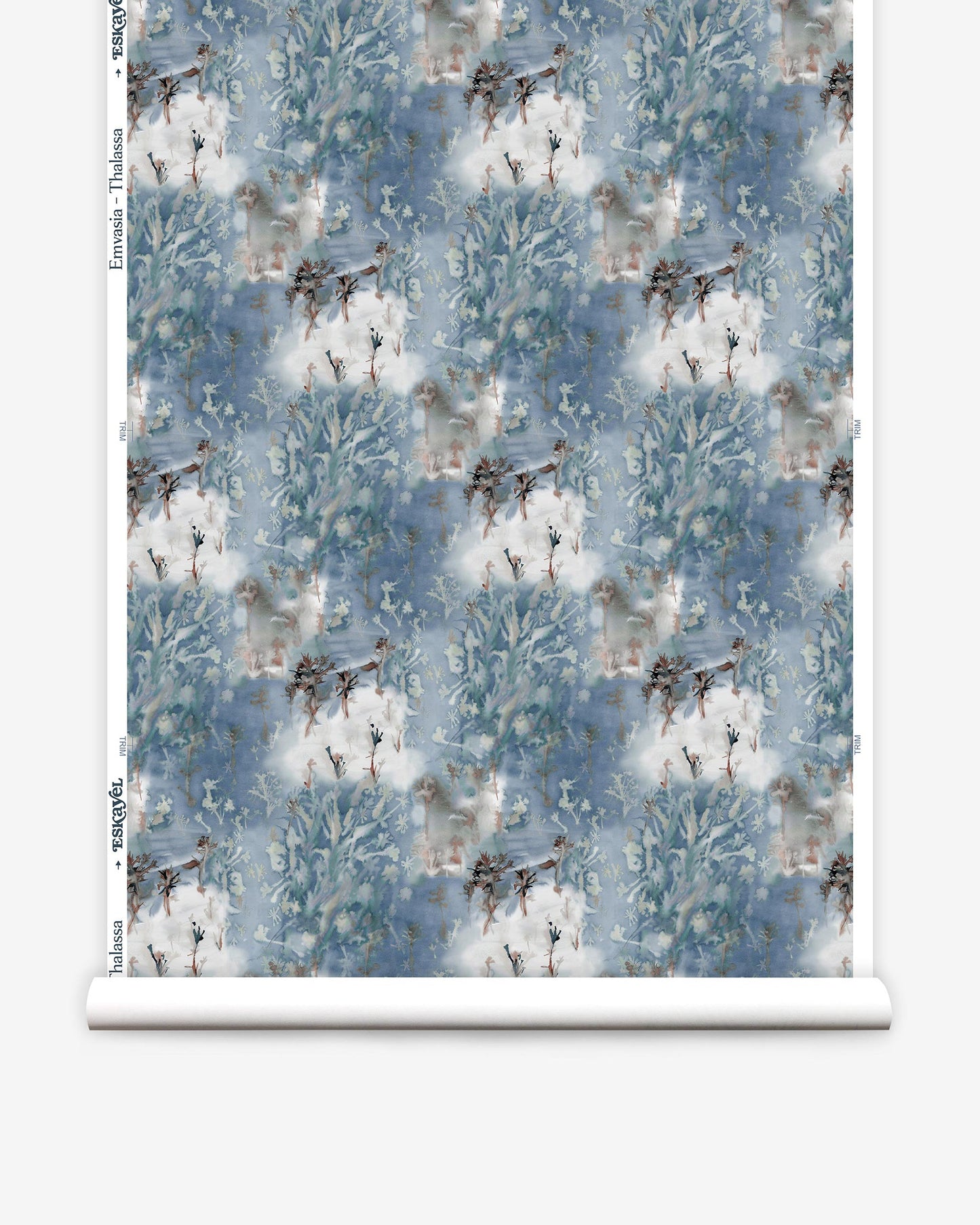 Emvasia Wallpaper||Thalassa is a blue and white fabric with birds on it.