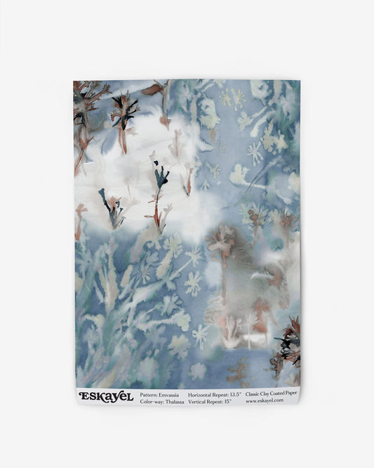 a sample of the Emvasia Wallpaper Sample Thalassa with flowers and trees on it