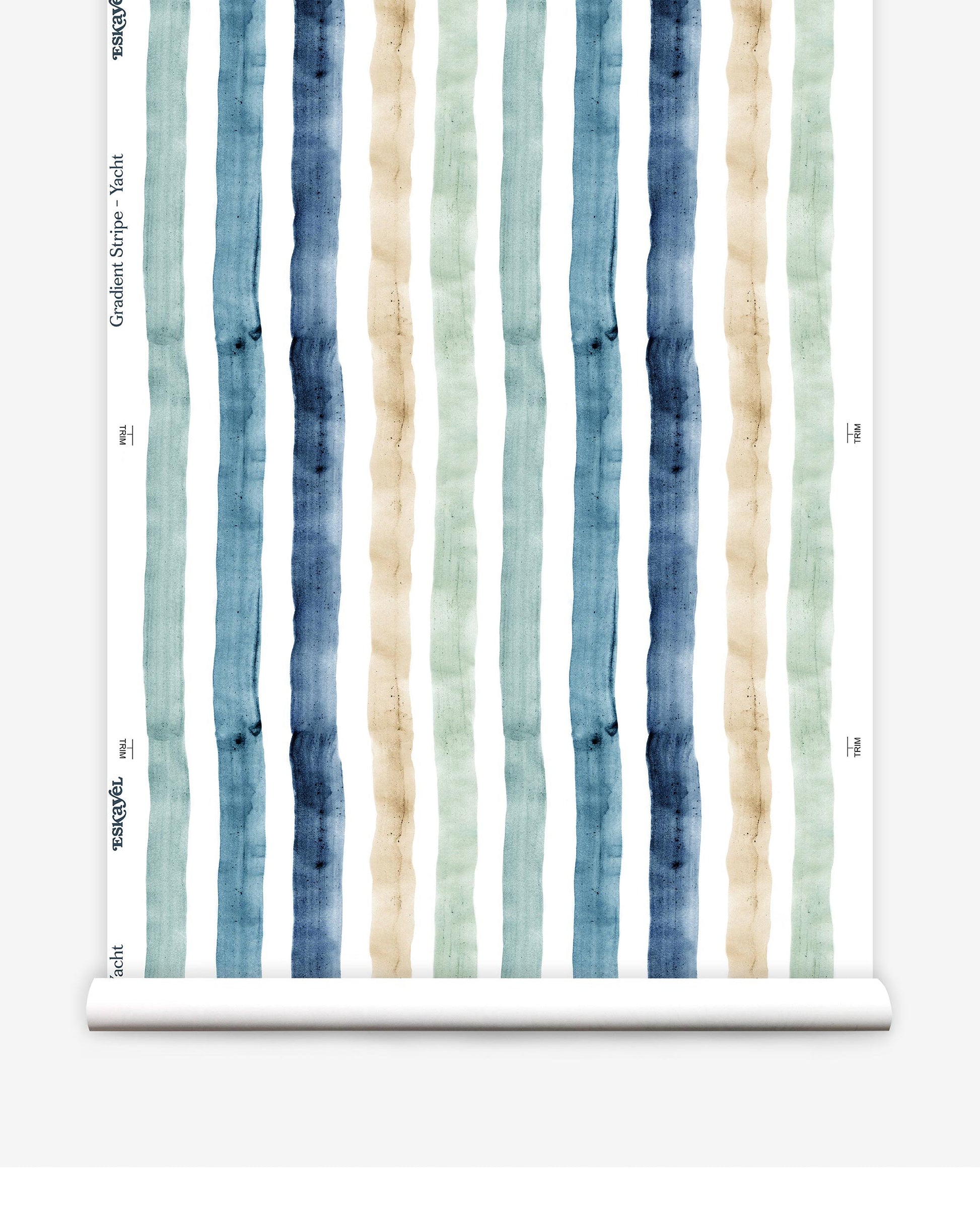 A roll of Gradient Stripe Wallpaper with blue, green, and beige stripes