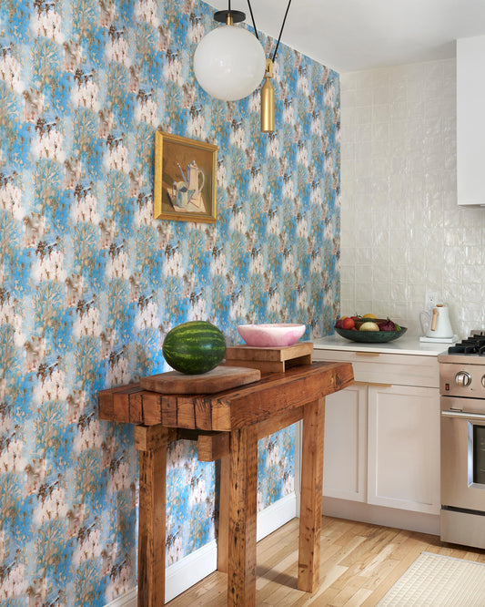 A kitchen with Emvasia Wallpaper Morea fabric