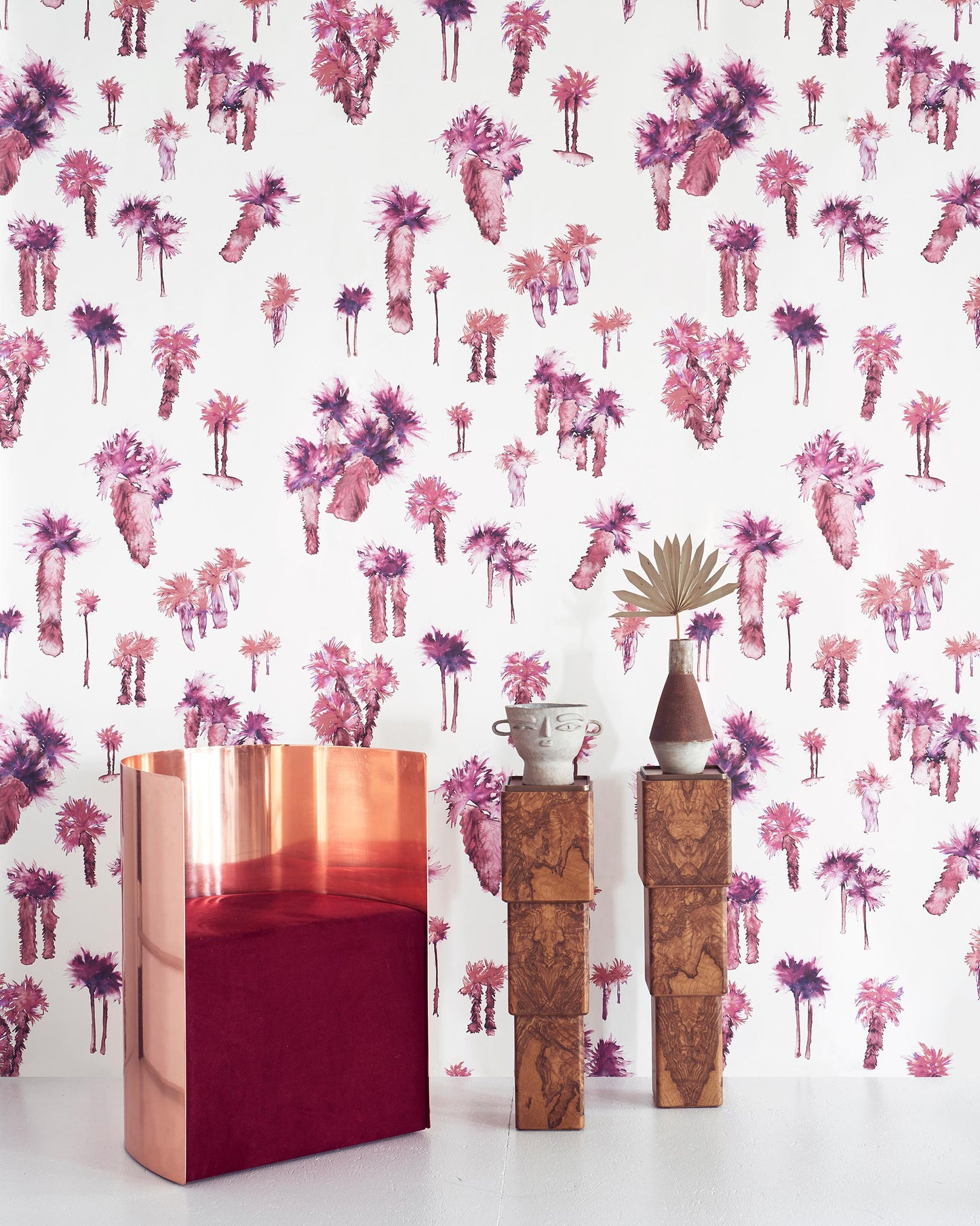 A pink and purple high-end Perfect Palm Wallpaper Persimmon with cactus trees on it