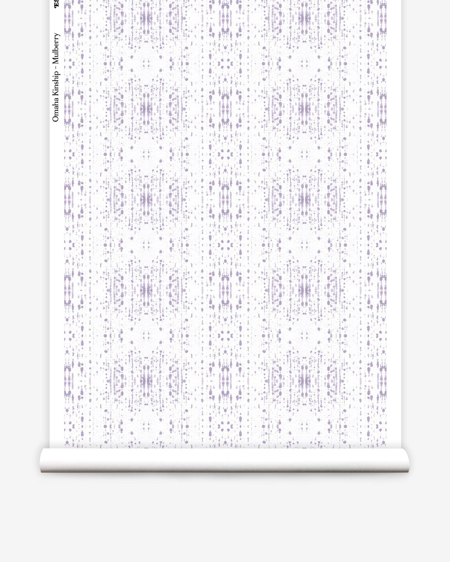 A purple and white pattern on a roll of paper that features Omaha Kinship Wallpaper||Mulberry's high-end wallpapers.