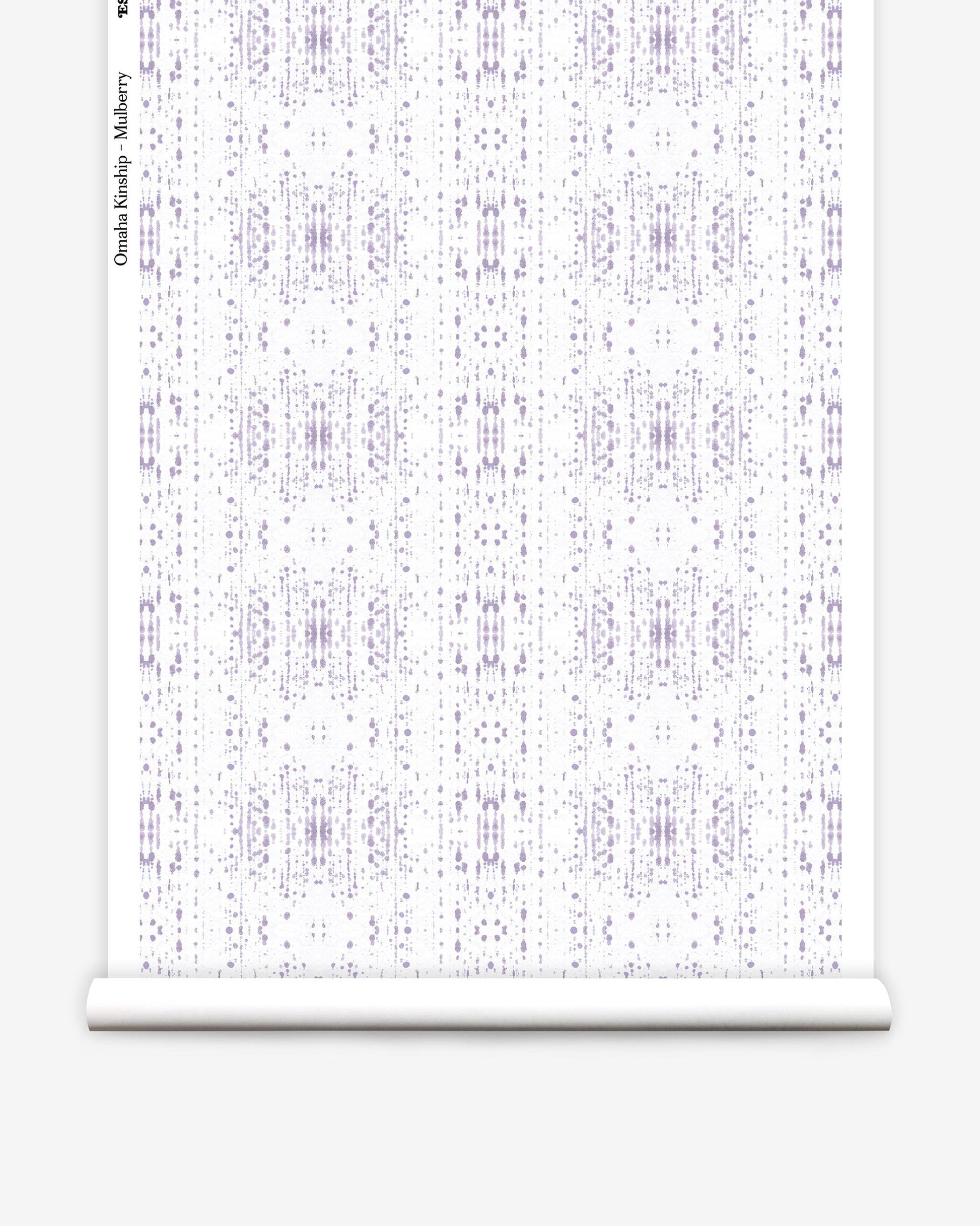 A purple and white pattern on a roll of paper that features Omaha Kinship Wallpaper||Mulberry's high-end wallpapers.