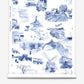 A roll of Out East Wallpaper Cobalt with blue and white toile pattern images on it