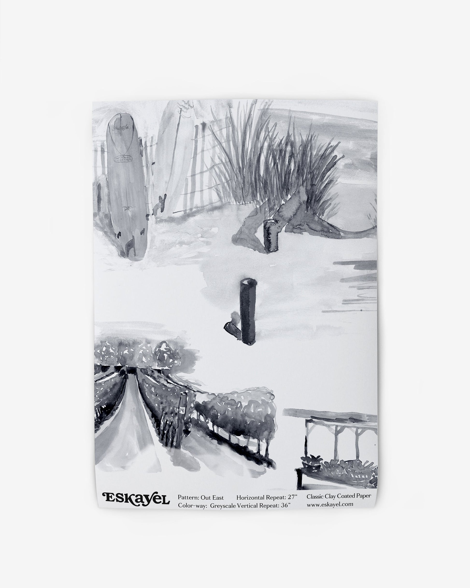 A black and white drawing of a beach scene for Out East Wallpaper Sample Greyscale sample