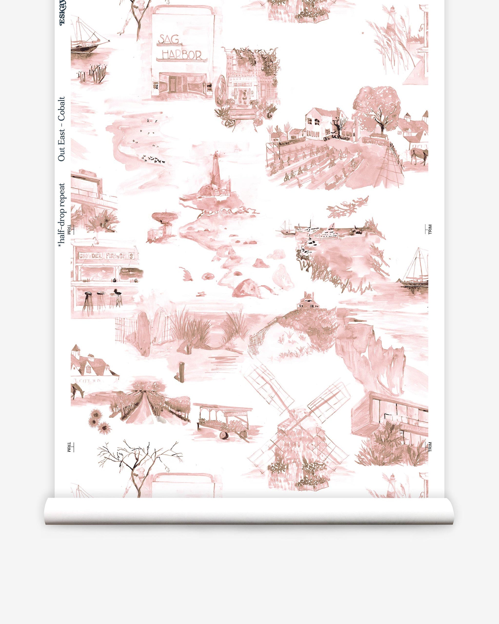 A roll of Out East Wallpaper with a pink and white design