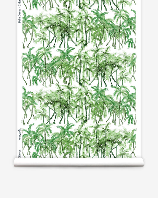 A roll of Palm Dance Wallpaper Chloros with a watercolor pattern and palm trees on it
