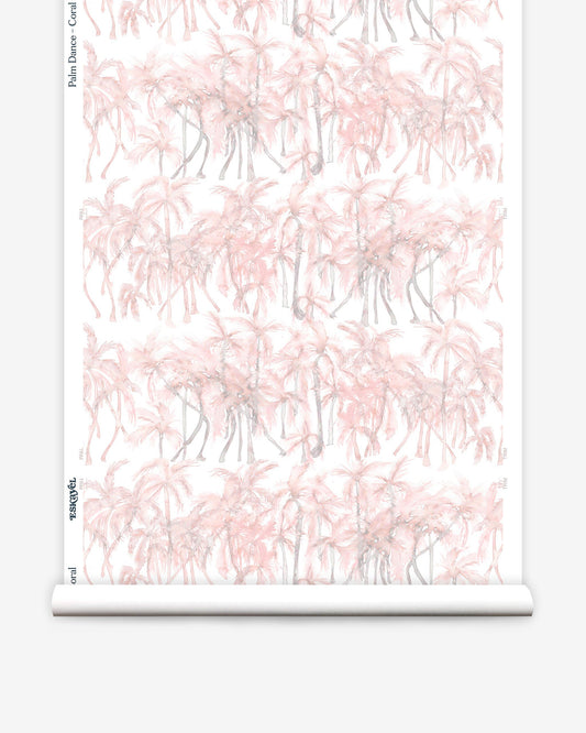 A pink and white watercolor pattern with palm trees on Palm Dance Wallpaper Coral fabric