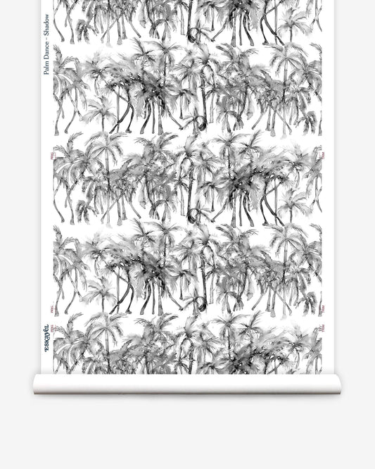A black and white drawing of palm trees on a roll of Palm Dance Wallpaper Shadow