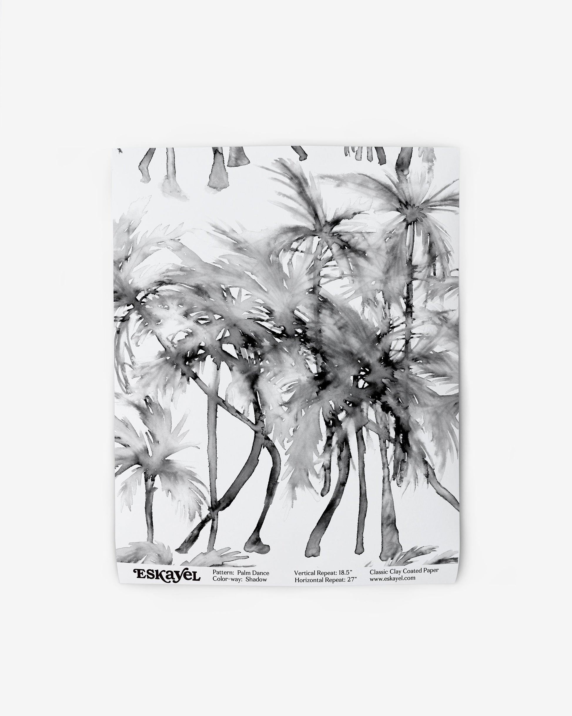 A black and white drawing of luxury fabric with a watercolor pattern showcasing Palm Dance Wallpaper||Shadow palm trees.