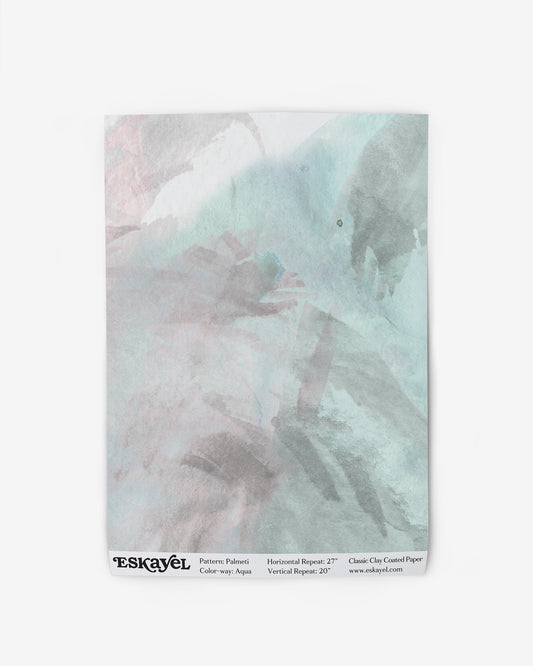 a Palmeti Wallpaper Sample Aqua with a pink, green, and blue abstract design