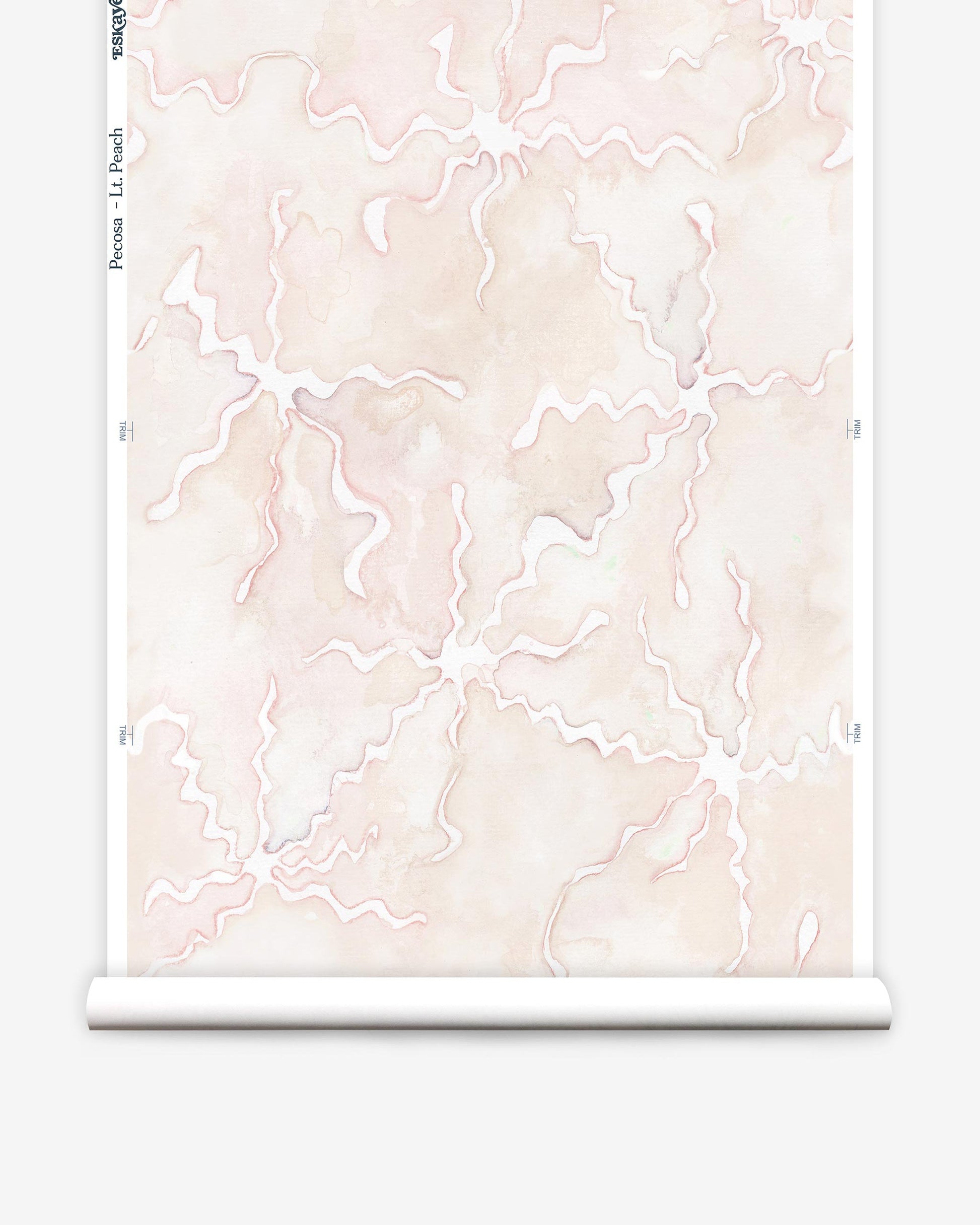 A roll of Pecosa Wallpaper Light Peach showcasing a pink and white pattern designed for fabric using resist dye techniques