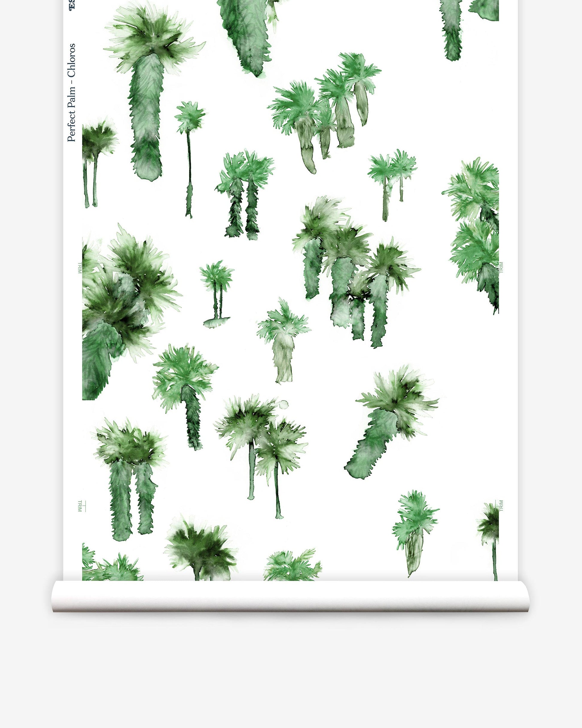 A white roll of Perfect Palm Wallpaper with green palm trees - a surf spot - on it