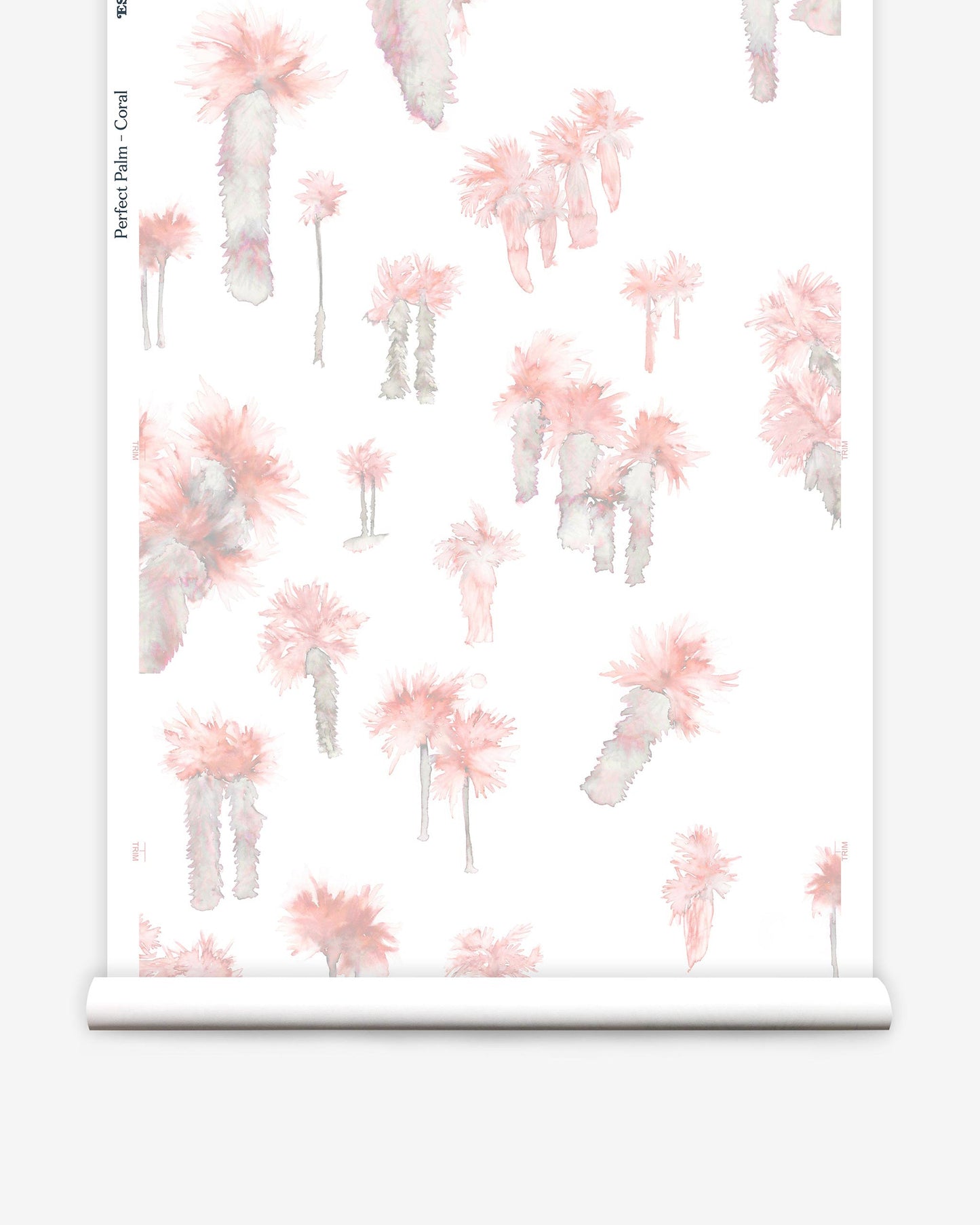 A pink and white Perfect Palm Wallpaper Coral with palm trees in a watercolor style