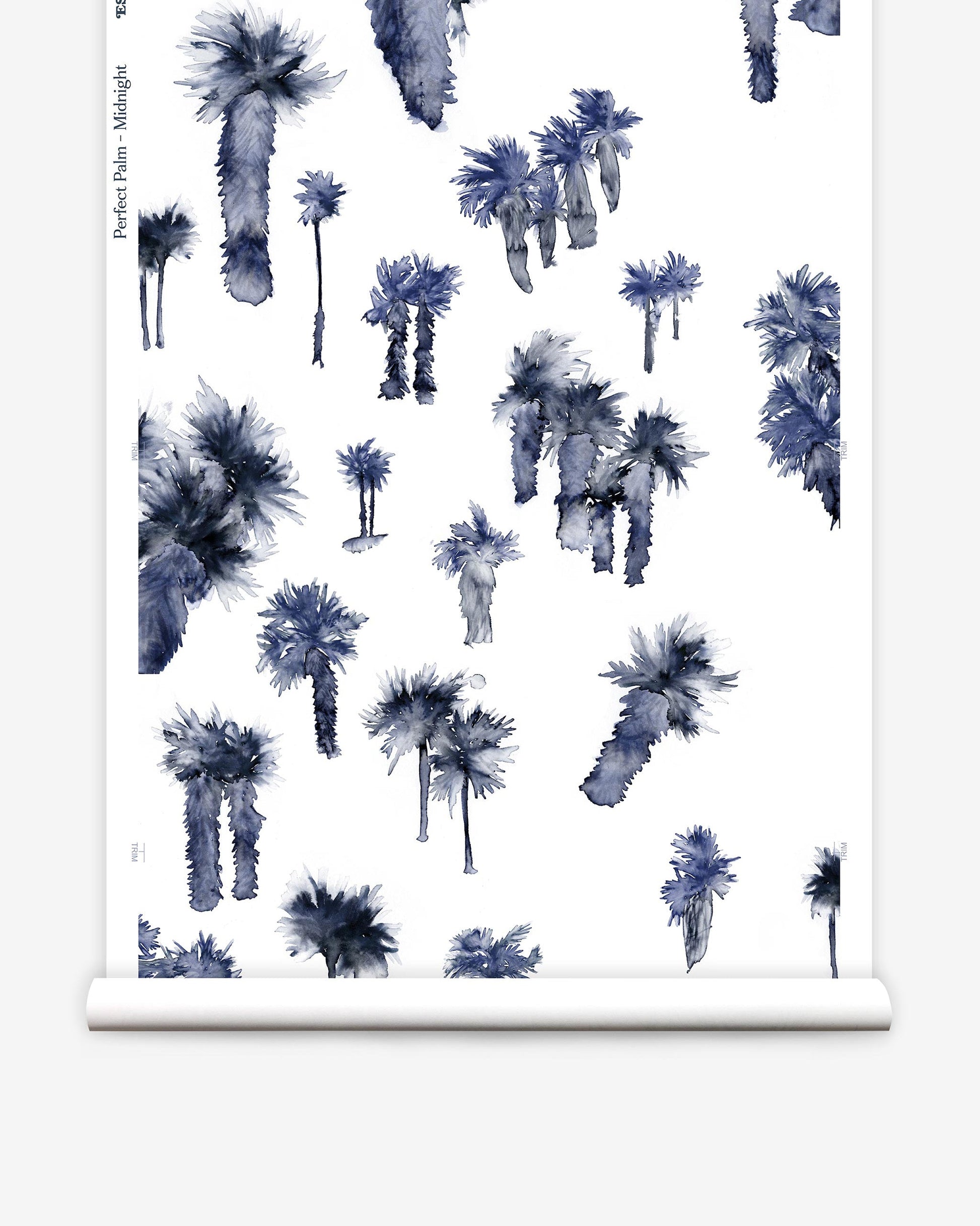 A luxury Perfect Palm Wallpaper Midnight with a watercolor style featuring palm trees in a blue and white design