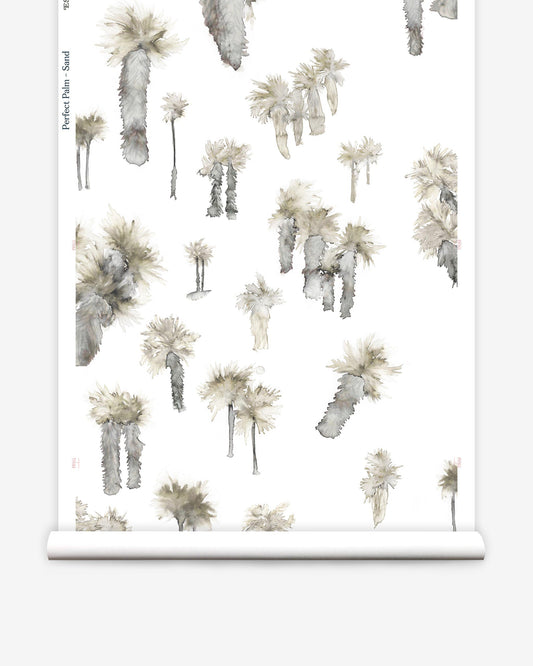 A roll of Perfect Palm Wallpaper Sand with palm trees in a watercolor style