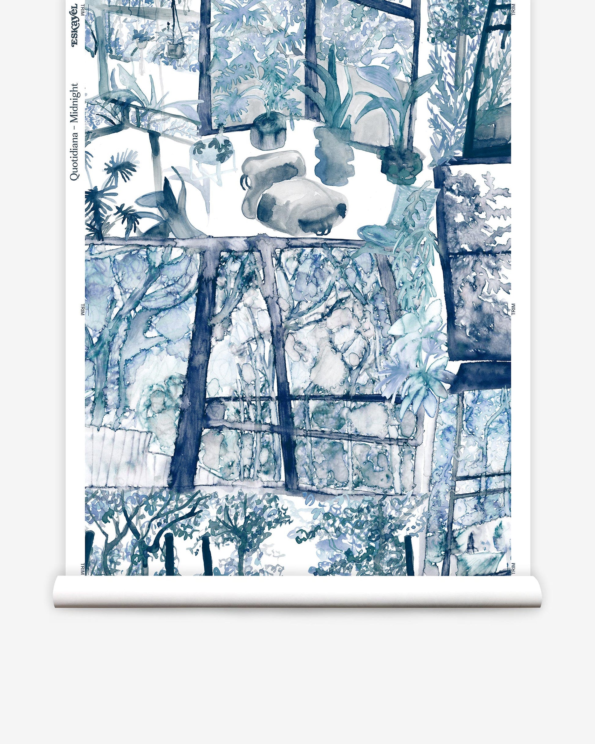 A blue and white wallpaper with images of plants and trees, featuring the Quotidiana Wallpaper Midnight pattern