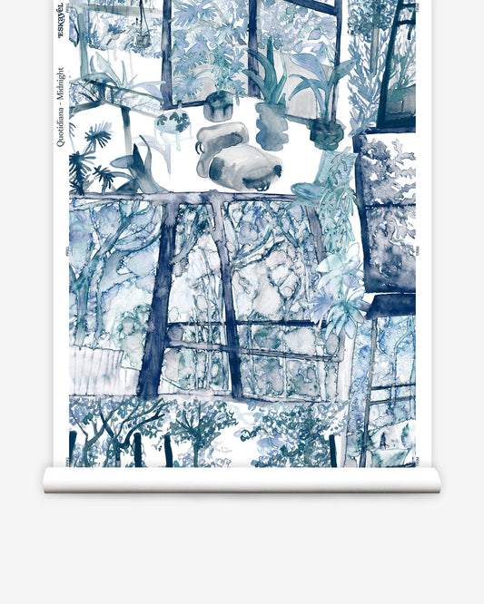 A blue and white wallpaper with images of plants and trees, featuring the Quotidiana Wallpaper||Midnight pattern.