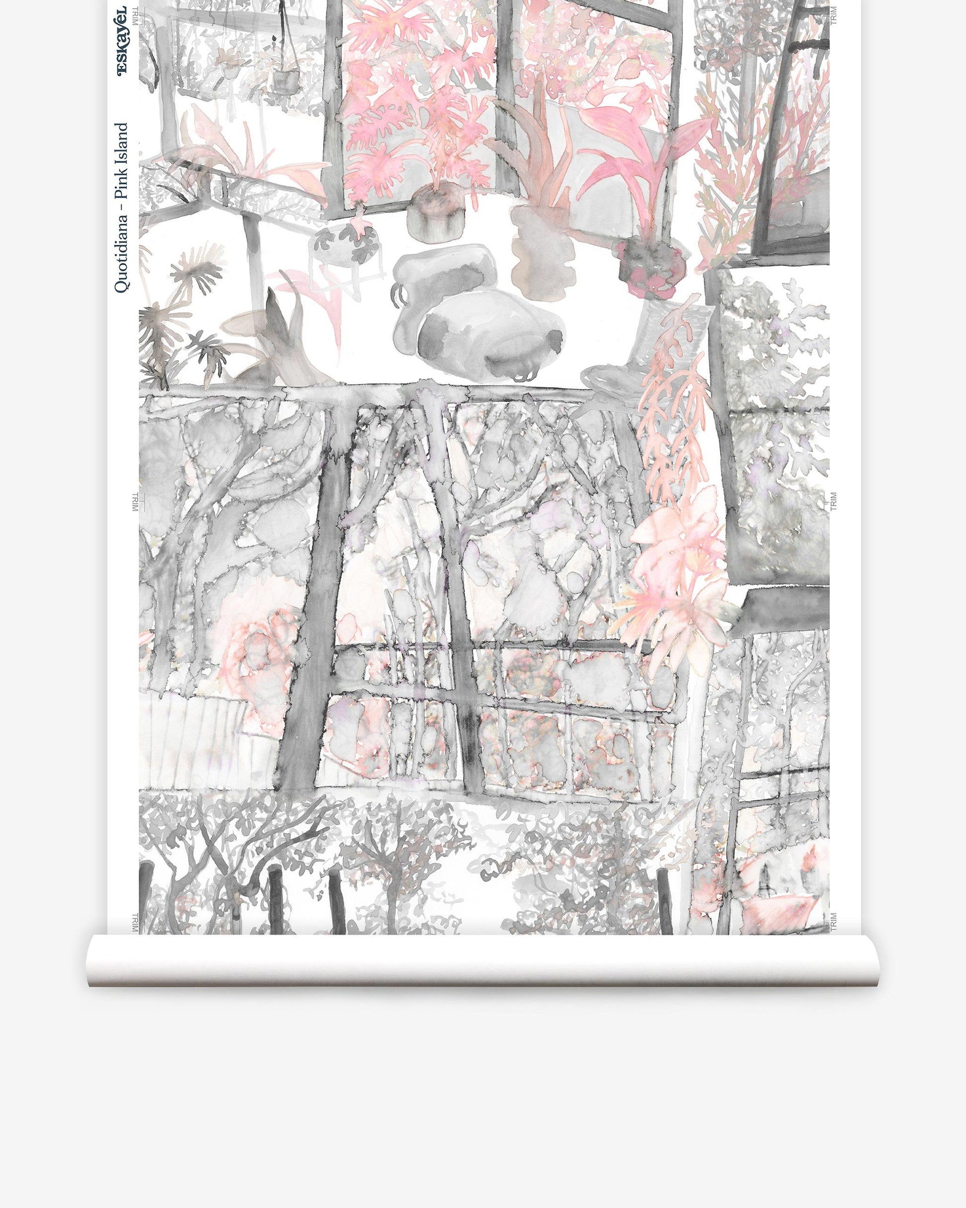 A roll of high-end Quotidiana Wallpaper Pink Island with a drawing of trees and flowers in the Quotidiana pattern