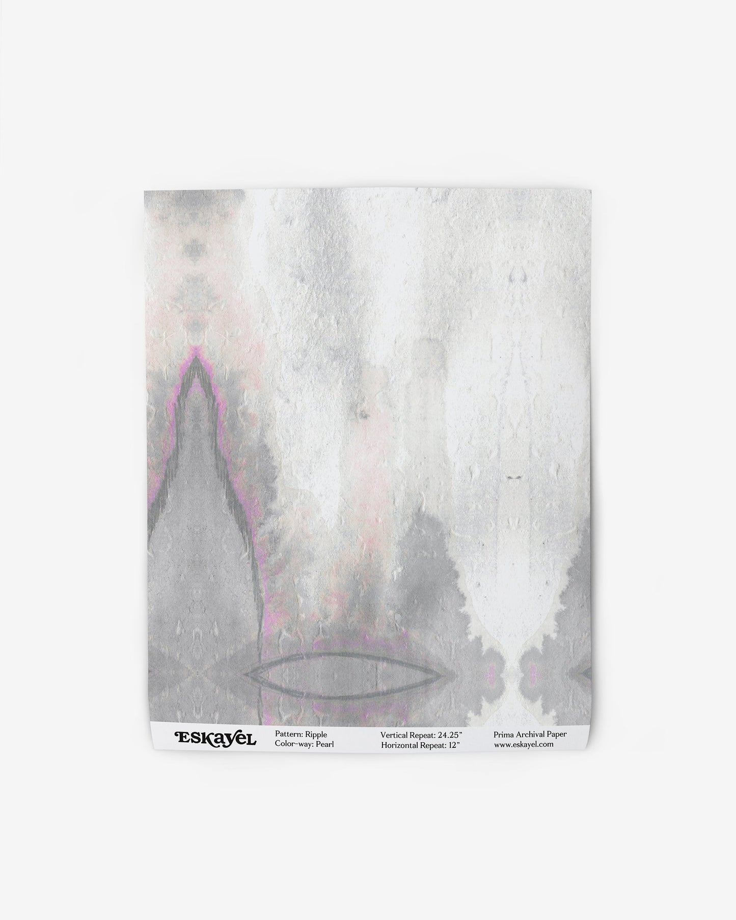 A grey and pink abstract design on wallpaper, featuring the Ripple Wallpaper Pearl colorwayon wallpaper