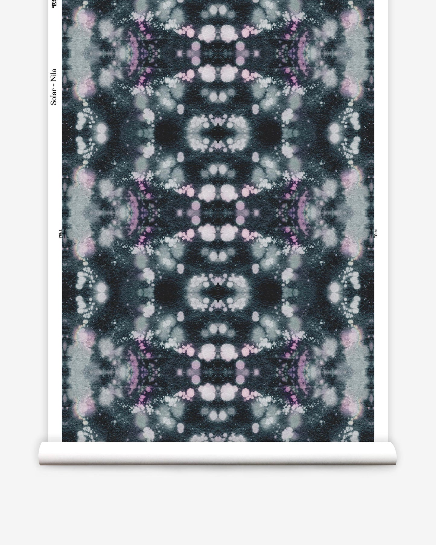 A black and purple tie dye pattern on a roll of Solar Wallpaper||Nila paper.