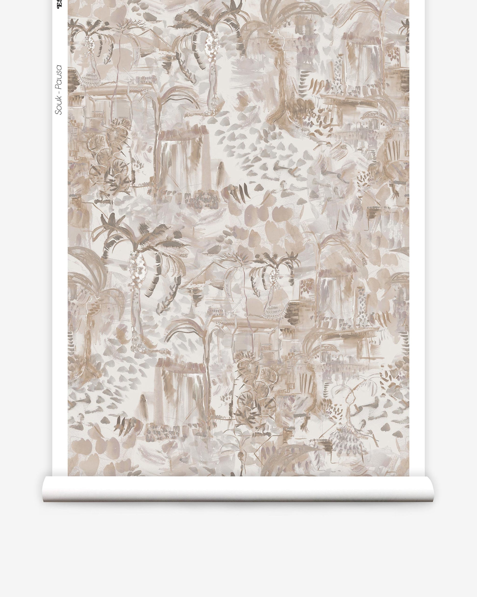A roll of beige and brown wallpaper with a Souk Wallpaper||Pausa-inspired pattern.