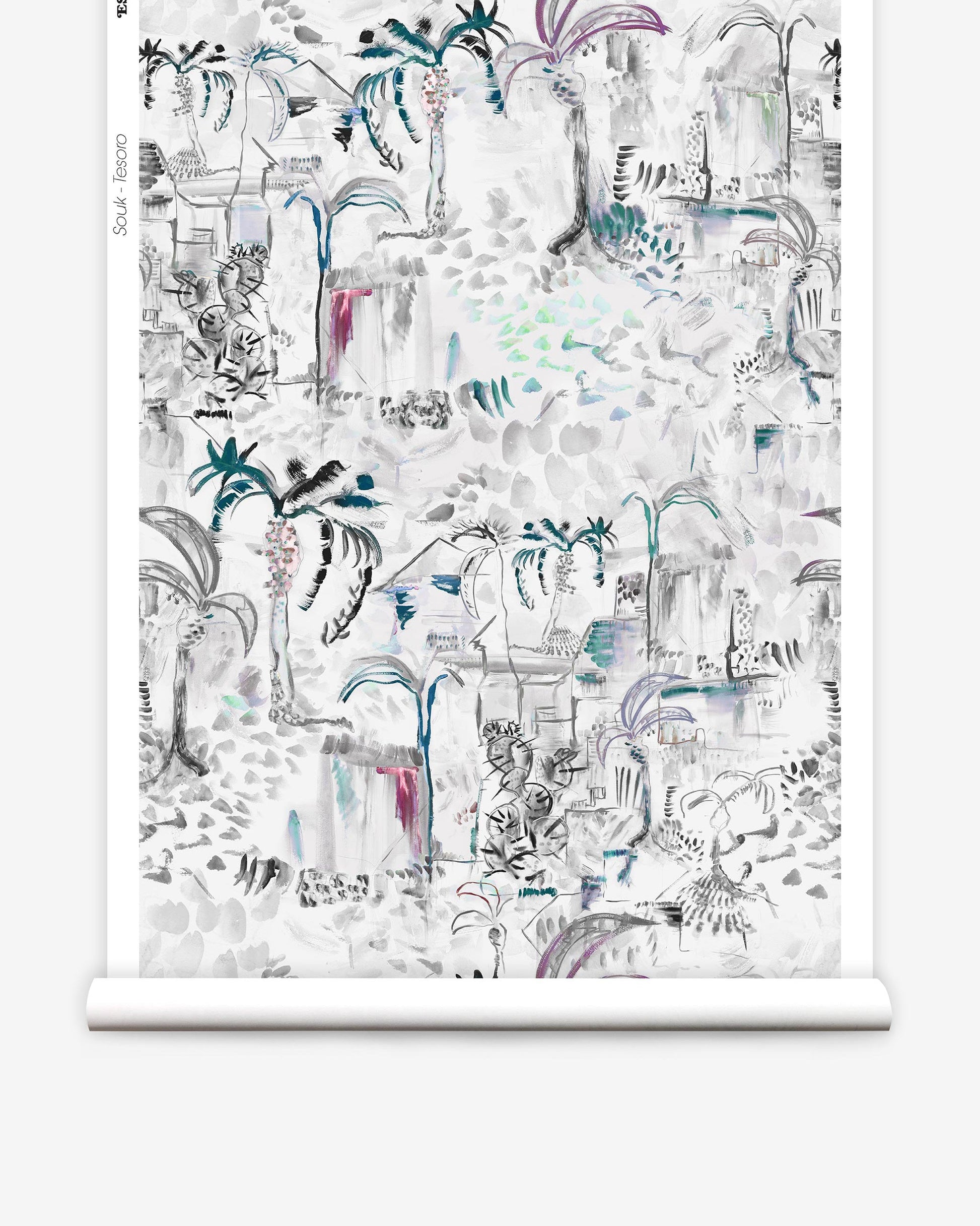 A roll of Souk Wallpaper with a drawing of palm trees