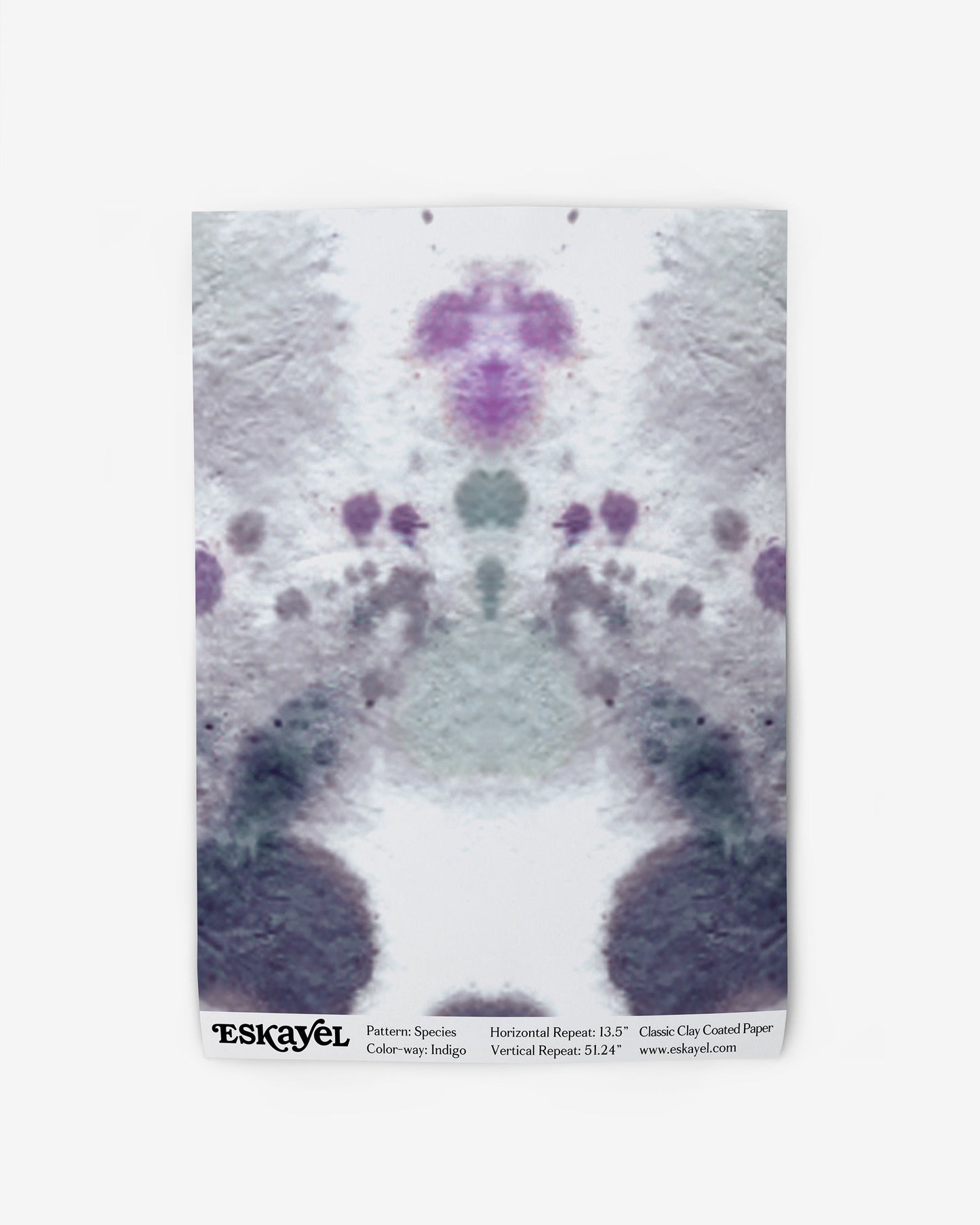 A purple and green abstract design on a white Species Wallpaper Indigo with a kaleidoscopic effect