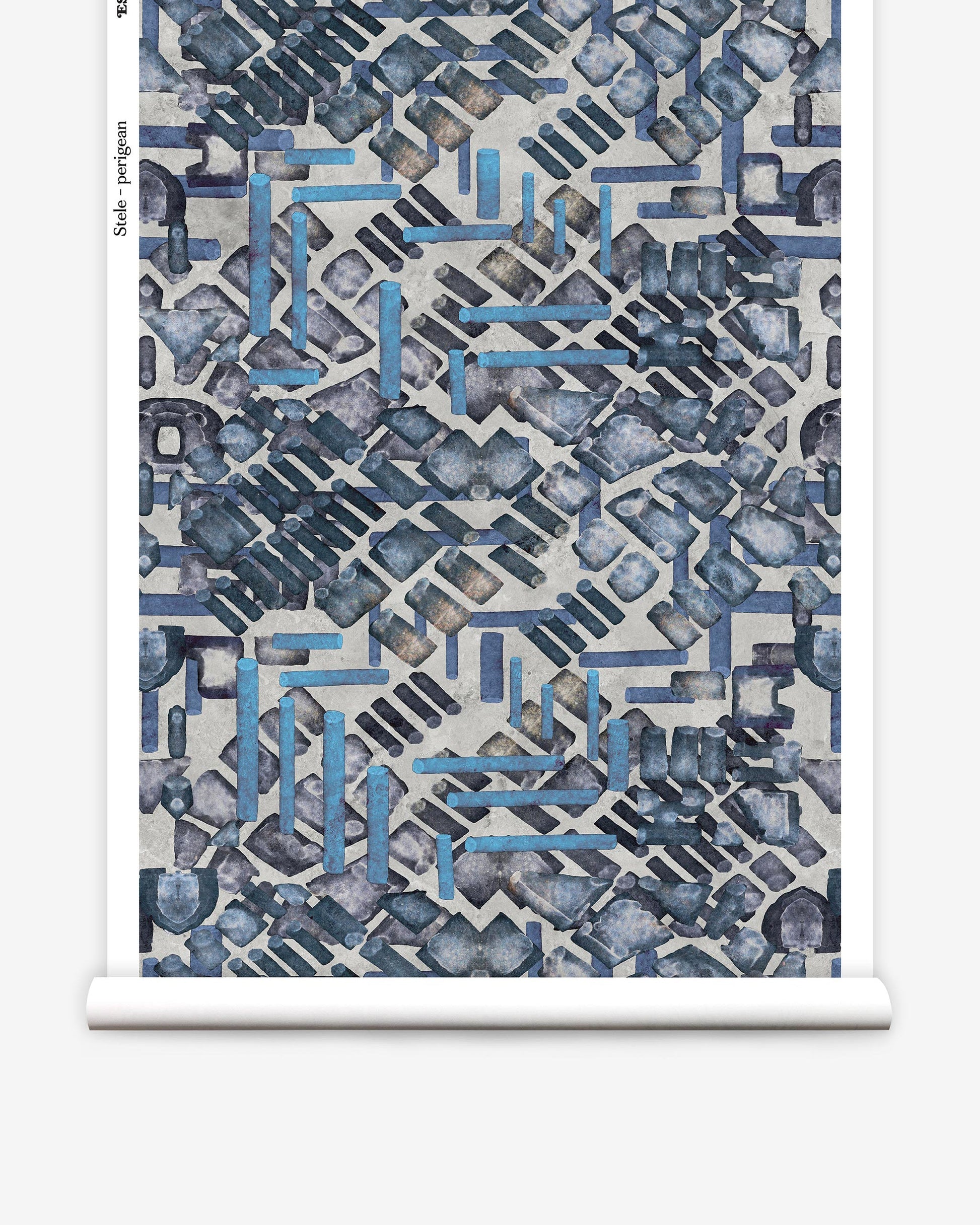 A blue and grey graphic pattern on a roll of Stele Wallpaper Perigean