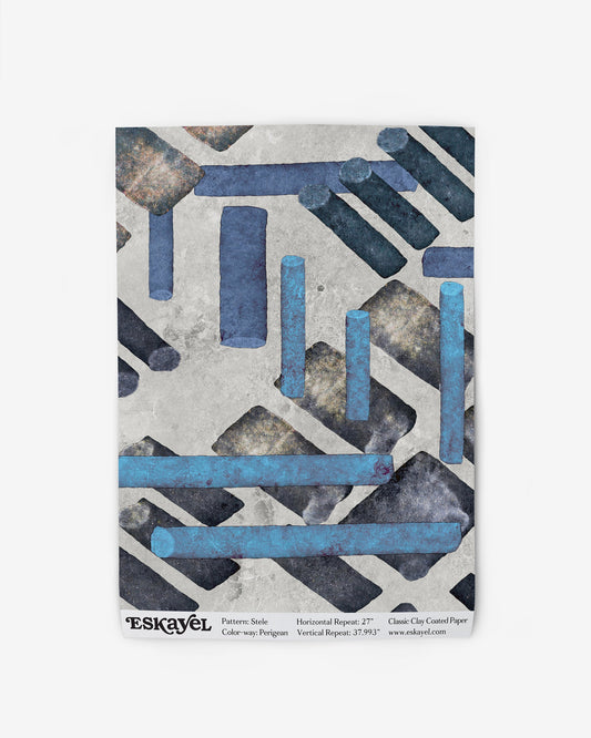 A blue and gray abstract design on a Stele Wallpaper Sample Perigean wallpaper
