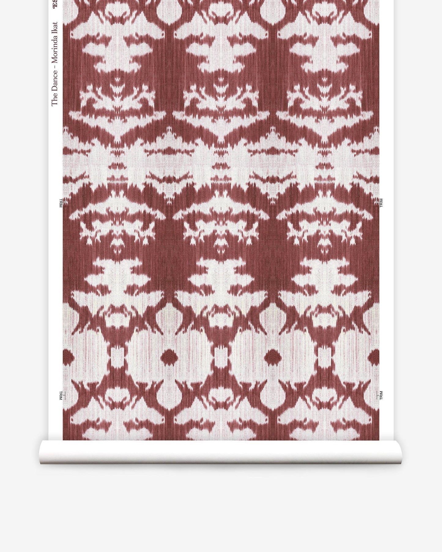 A burgundy and white pattern on a roll of The Dance Wallpaper from the Lora Collection