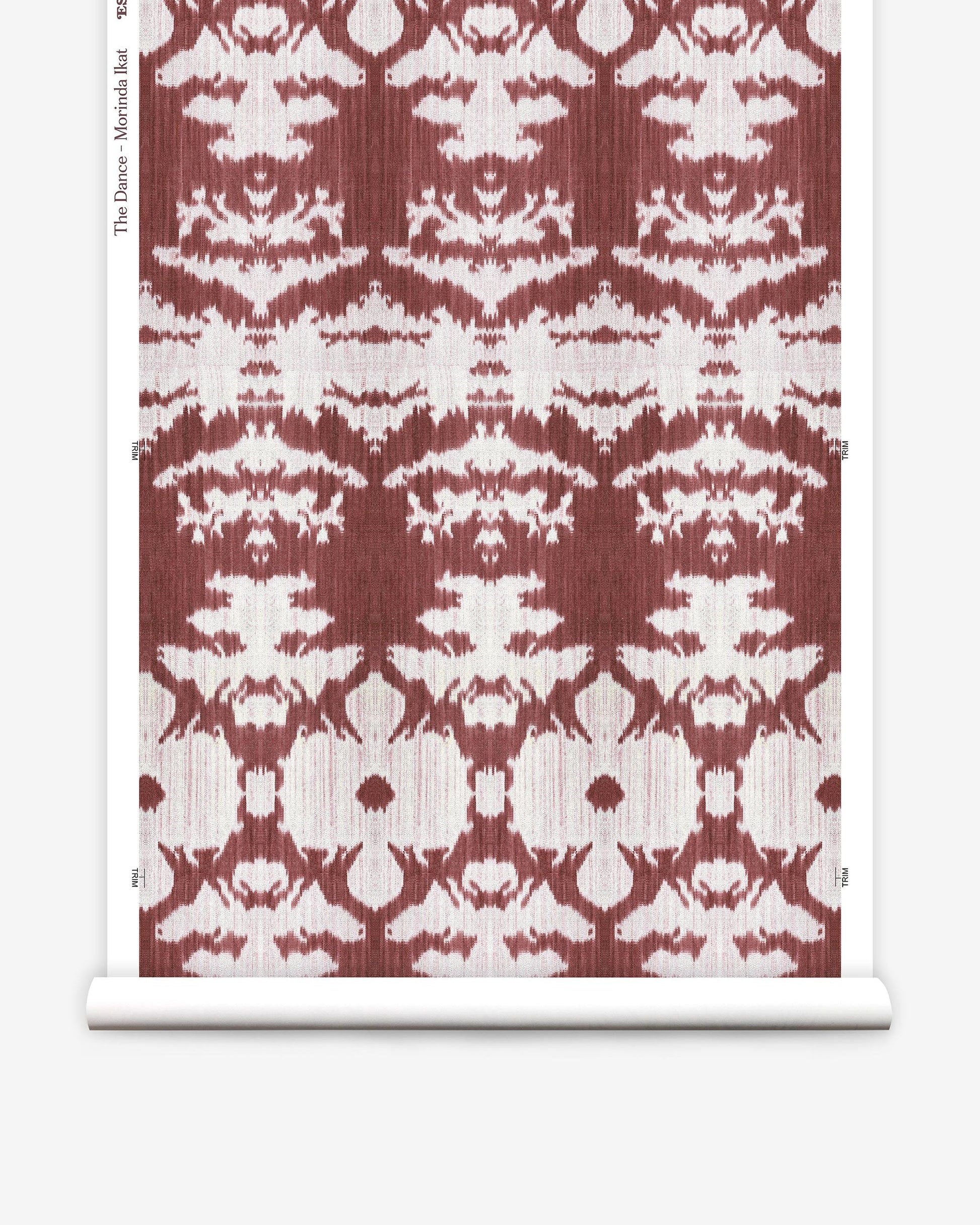 A burgundy and white pattern on a roll of The Dance Wallpaper from the Lora Collection