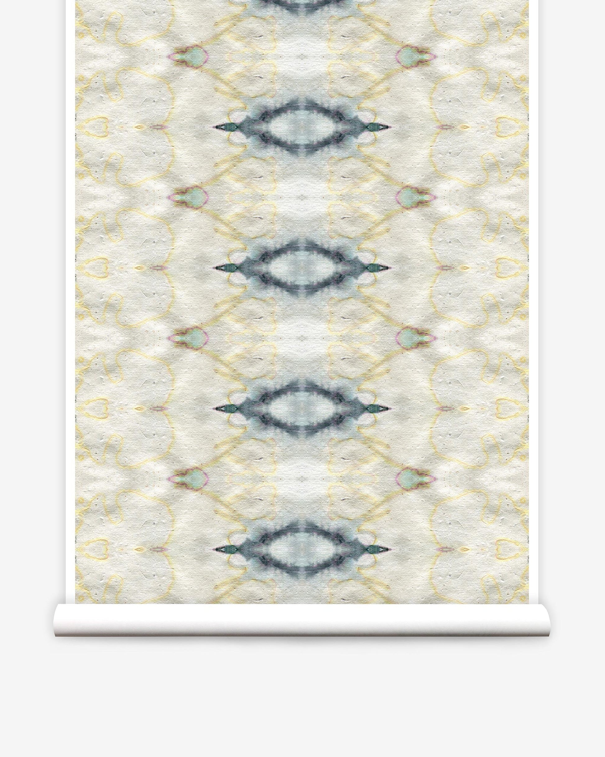 A roll of The Knitting Wallpaper Sand luxury wallpaper from the Lora Collection with a geometric pattern on it