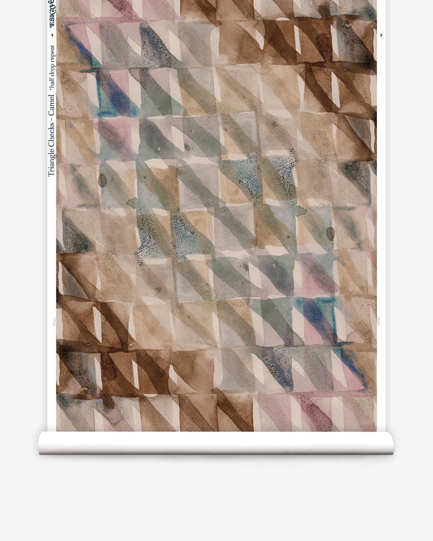 A roll of Triangle Checks Wallpaper||Camel with a geometric pattern on it.