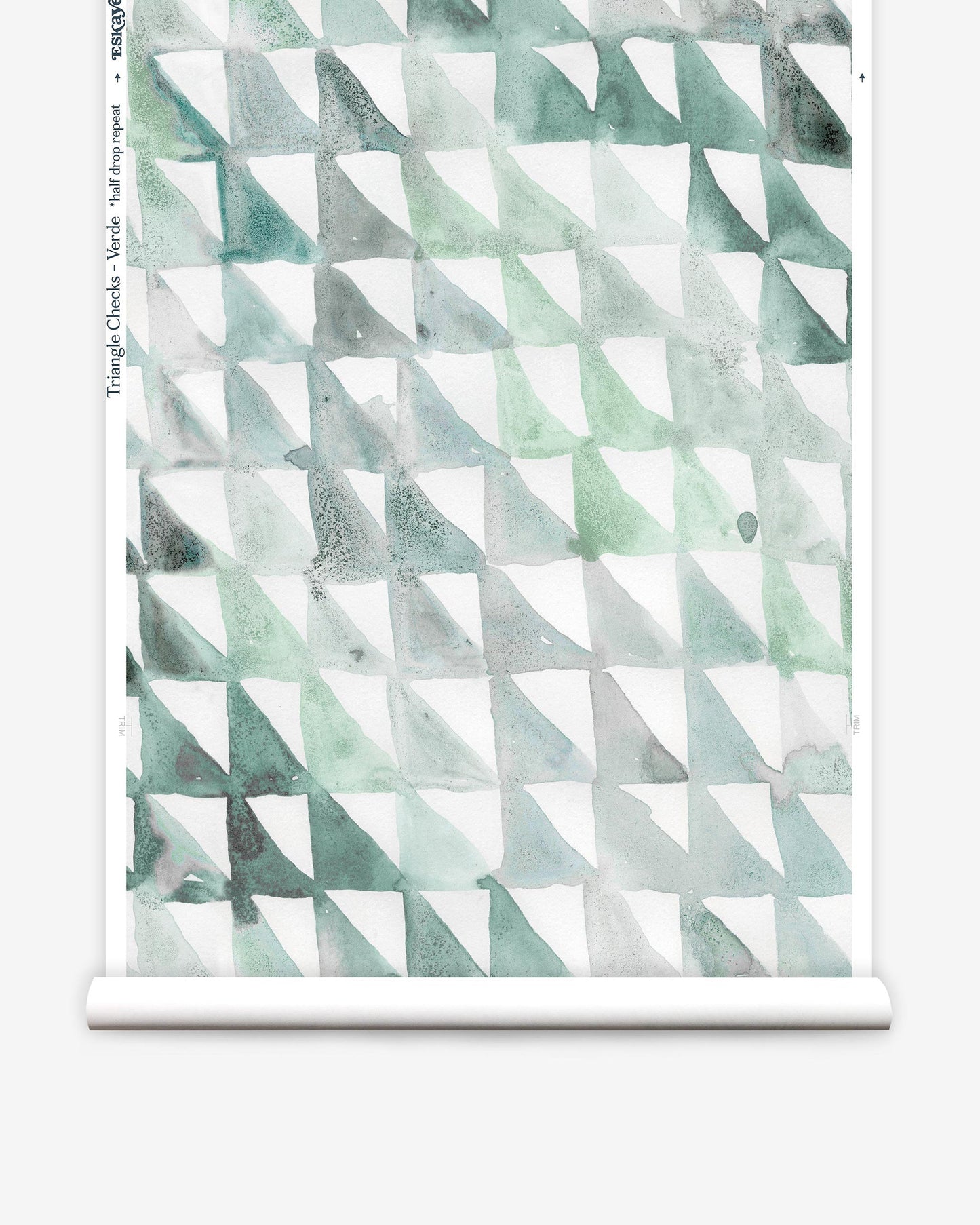A roll of wallpaper with green and white triangles, Triangle Checks Wallwallpaper, Verde, on it
