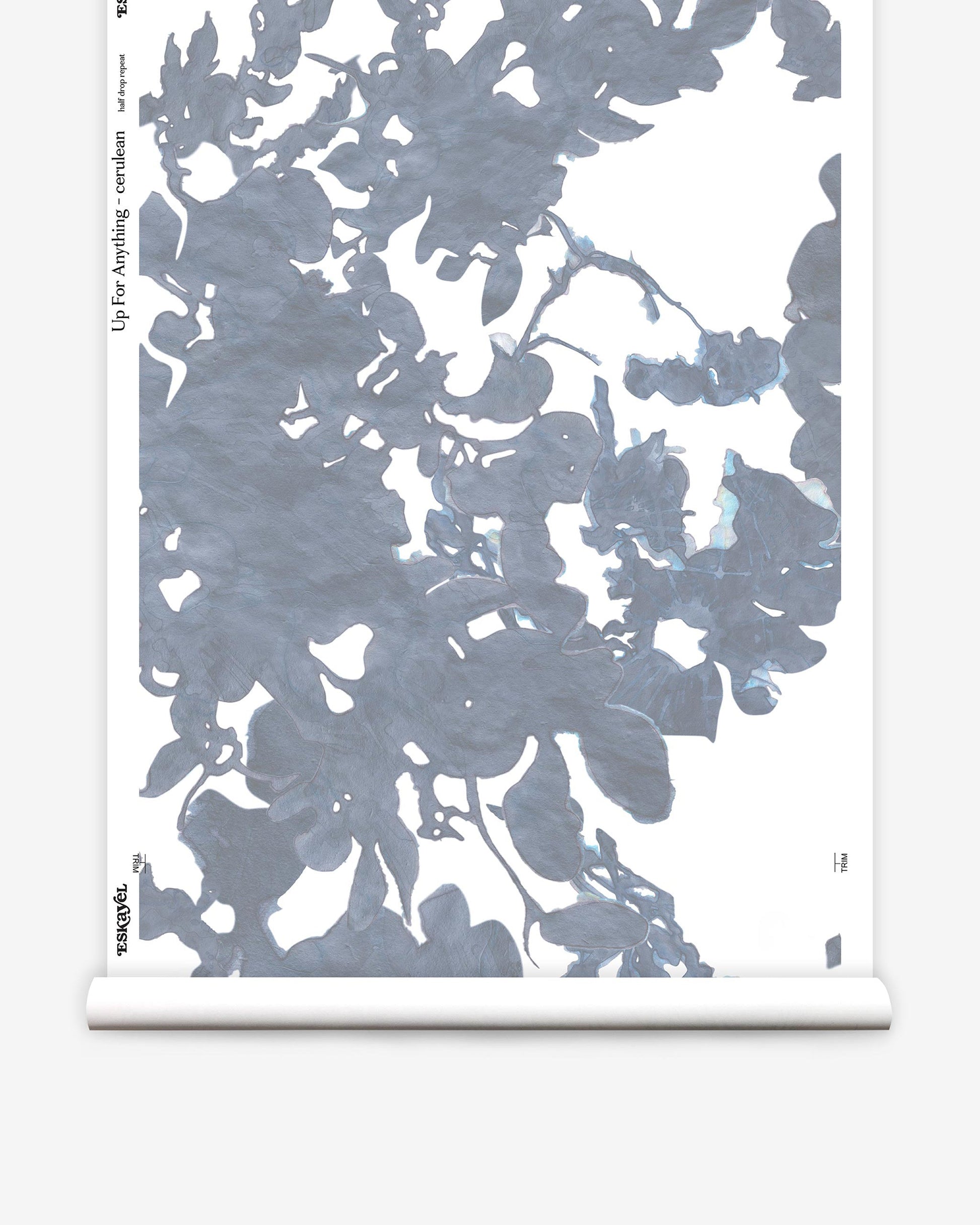 A roll of Up For Anything Wallpaper with abstract botanical patterns in cerulean and white leaves on it