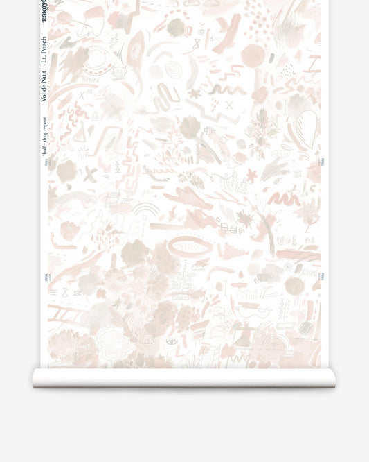 A roll of Vol de Nuit Wallpaper Light Peach with a pink and white pattern on it