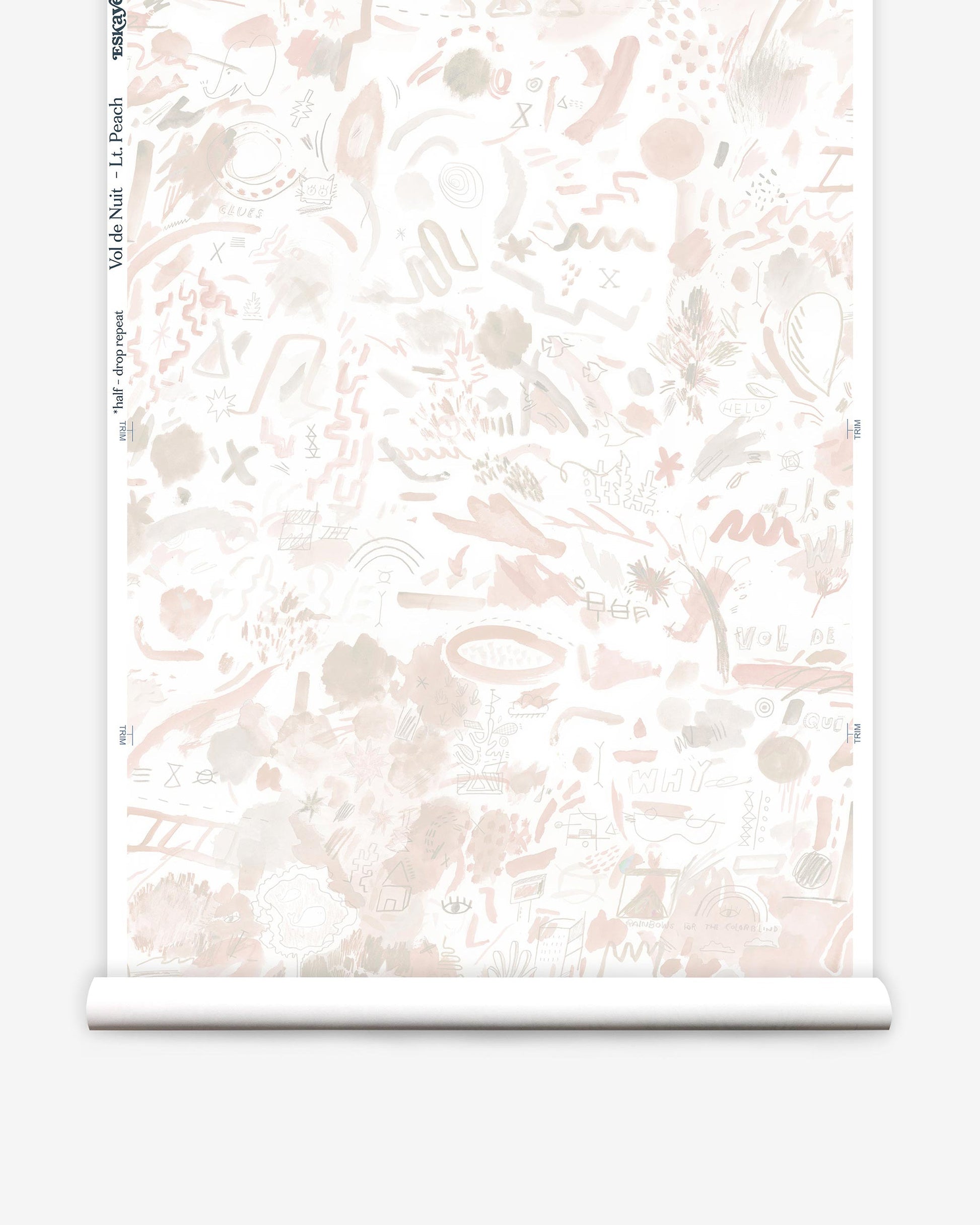A roll of Vol de Nuit Wallpaper Light Peach with a pink and white pattern on it