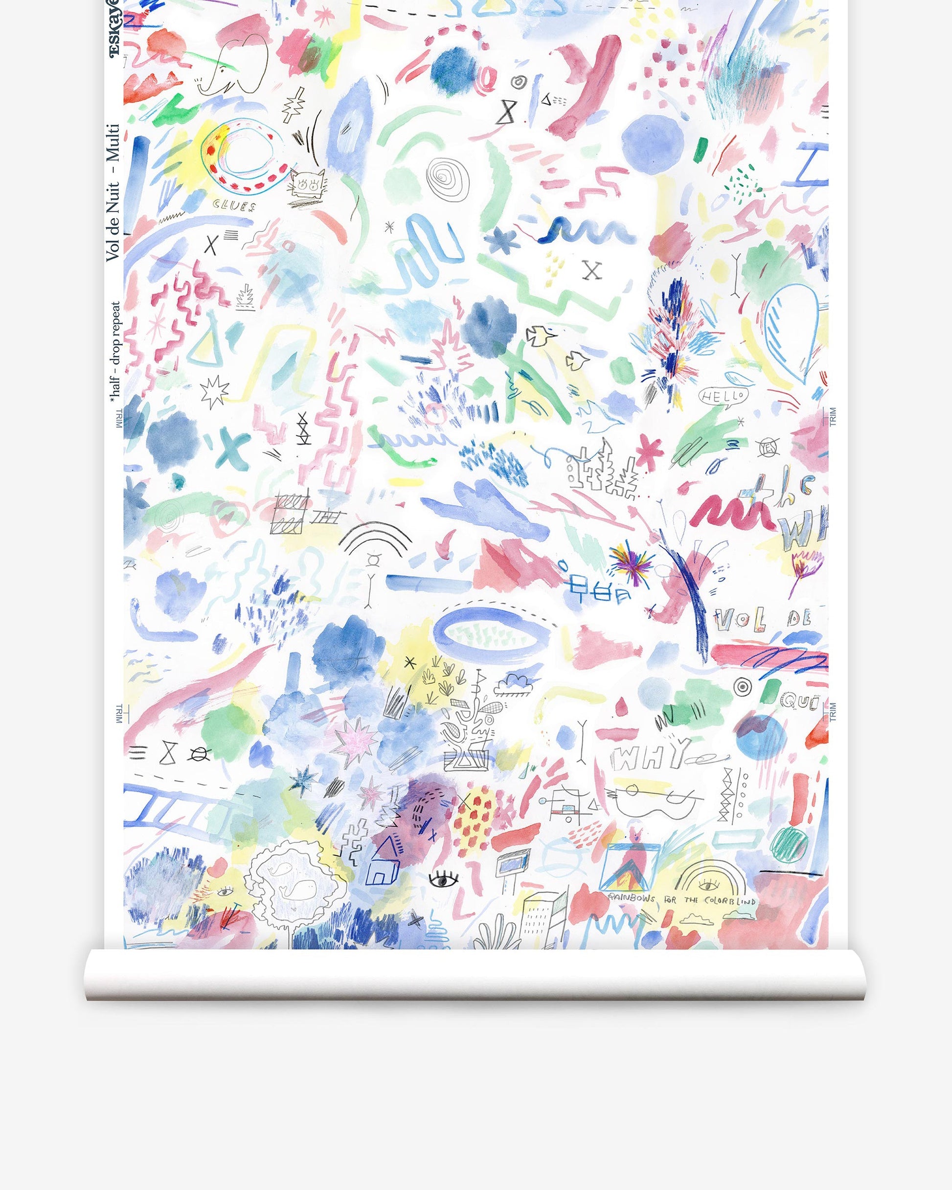A roll of Vol de Nuit Wallpaper Multi with collaboration drawings on it