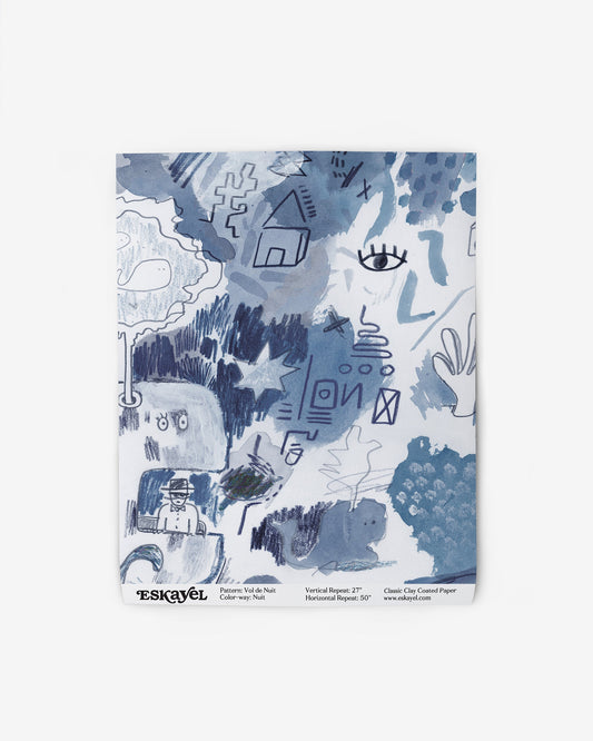 A blue and white Vol de Nuit Wallpaper Sample on wallpaper is available on wallpaper