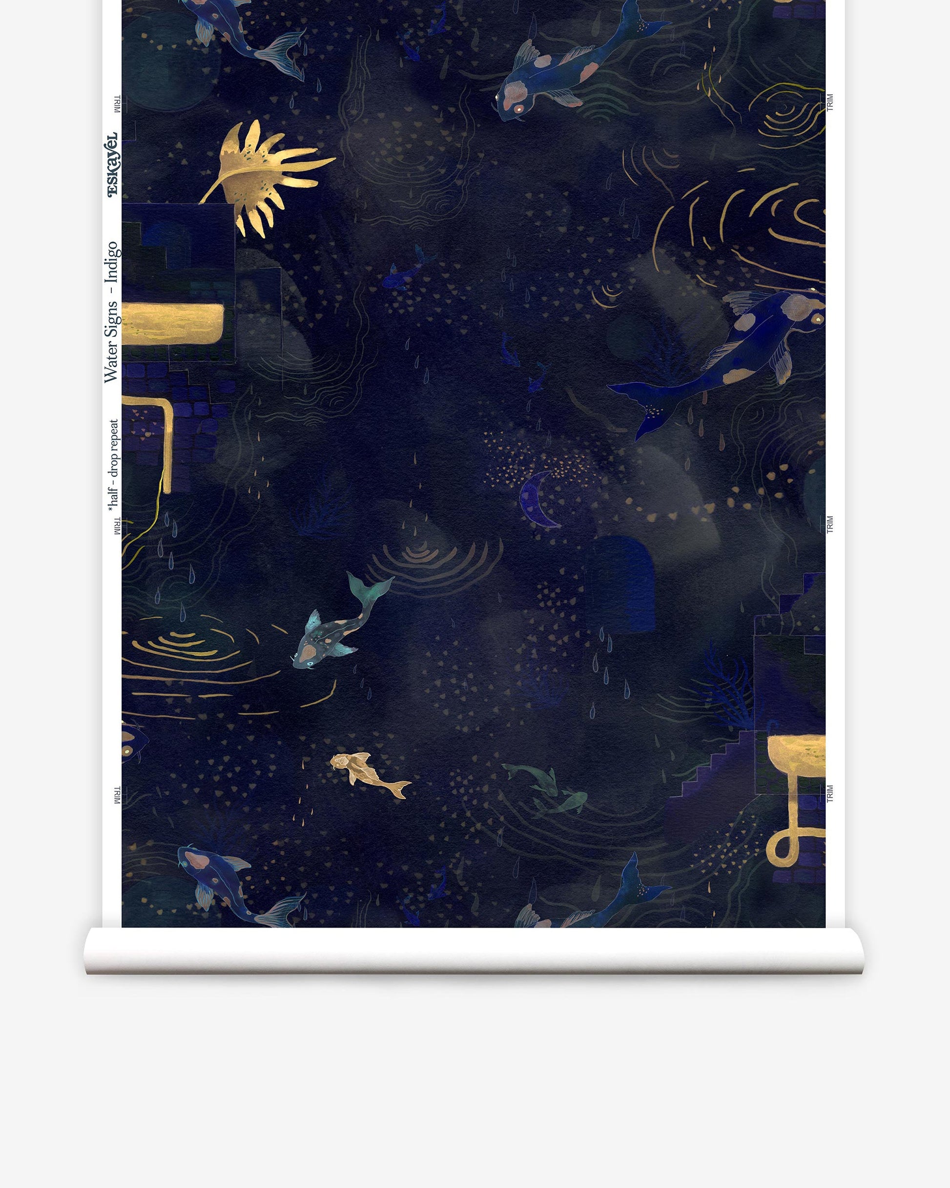 Olivia Provey offers a high-end Water Signs Wallpaper Indigo with a blue and gold design featuring mermaids and fish