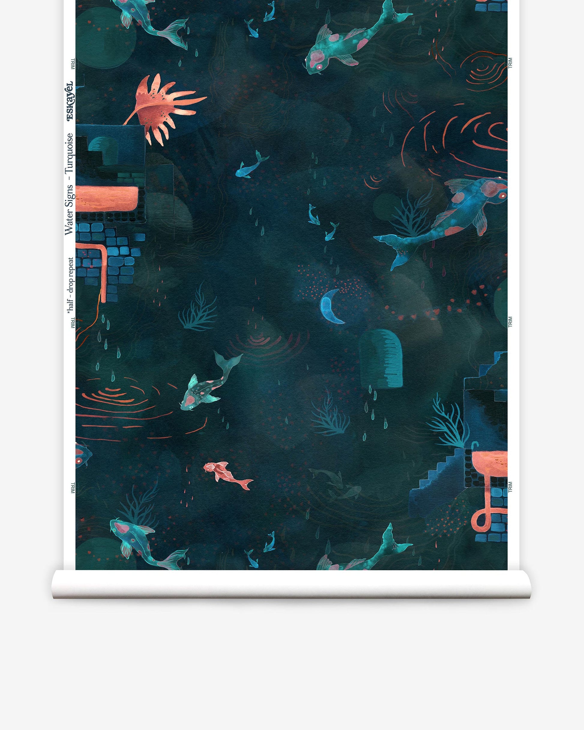 A roll of Water Signs Wallpaper Turquoise with a lot of fish in it