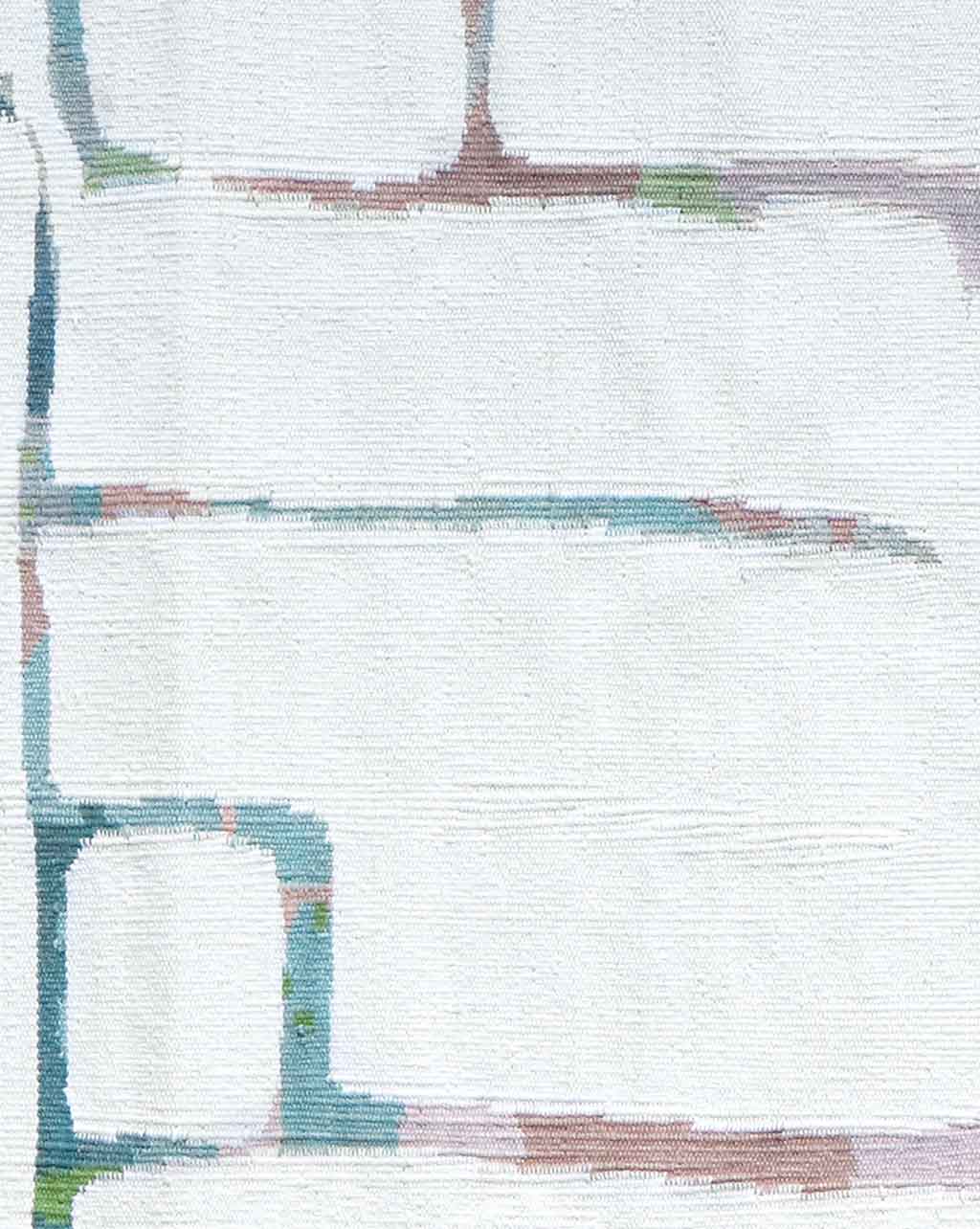 A painting with a white background and a pink, blue, and green pattern inspired by the Portico Flatweave Rug  Multi Solid