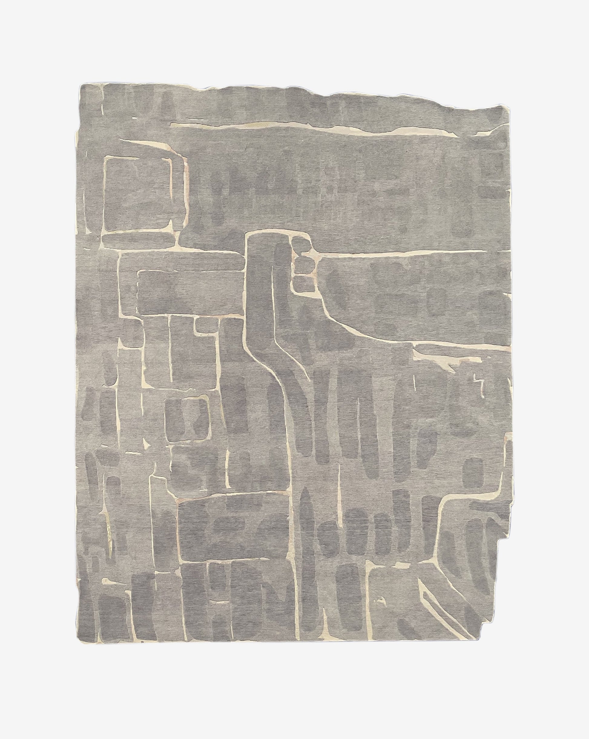 A handmade Portico Hand Knotted Rug||Greyscale with a drawing of a city on it.