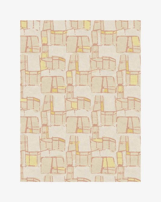 A beige and yellow Quotidiana Hand Knotted Rug||Ilios design on a white background.